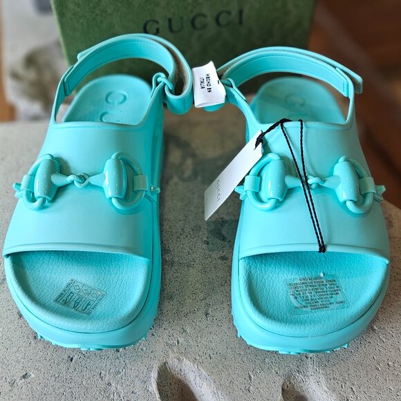 Gucci Horsebit Flatform Sandal 742435 JAAC9 - 4605 Blue Rubber Size 36 New Women - Picture 1 of 7